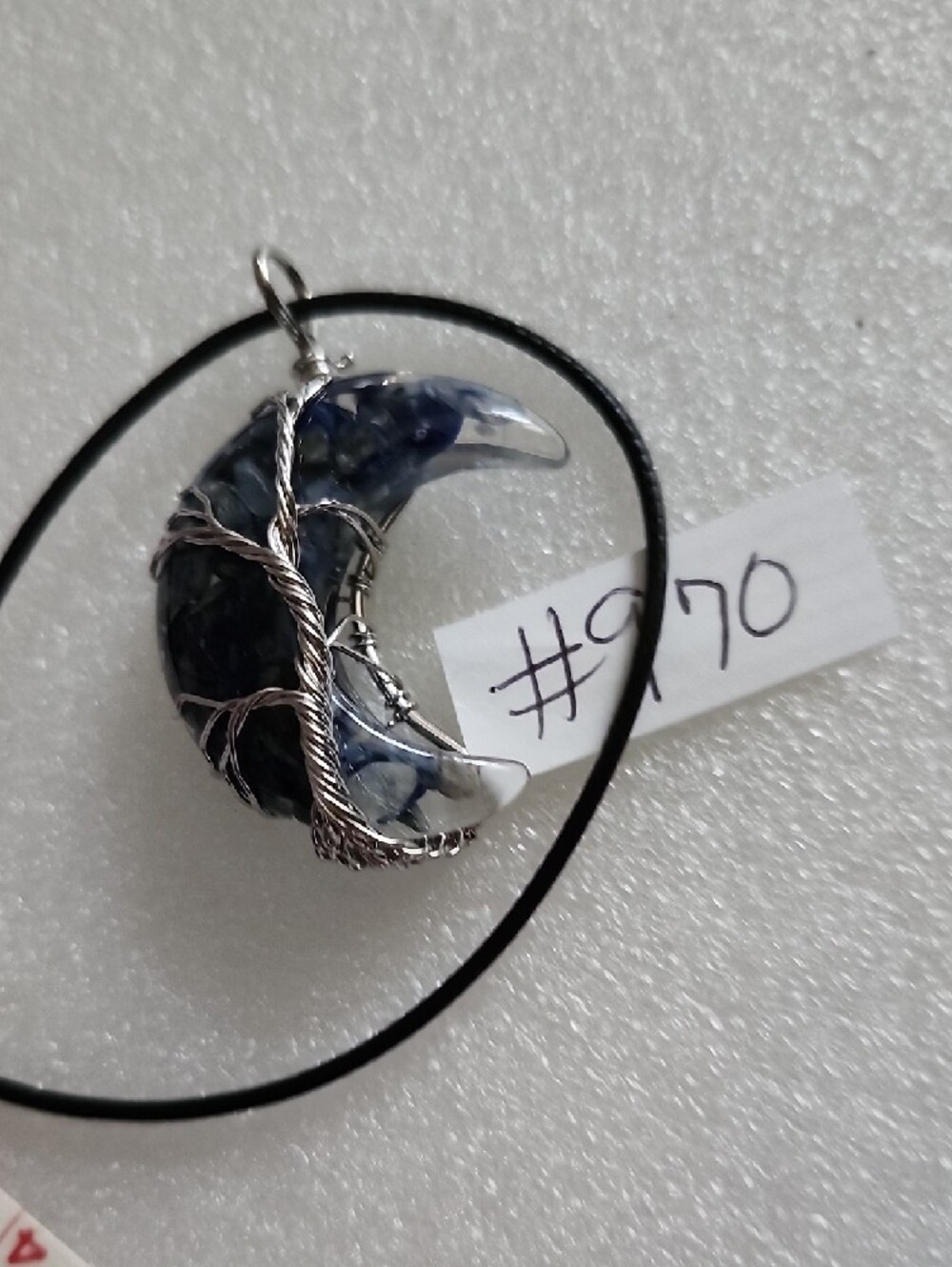 Hand Crafted Navy Blue Crescent Moon Wire-Wrapped Pendant Necklace - Picture 7 of 7